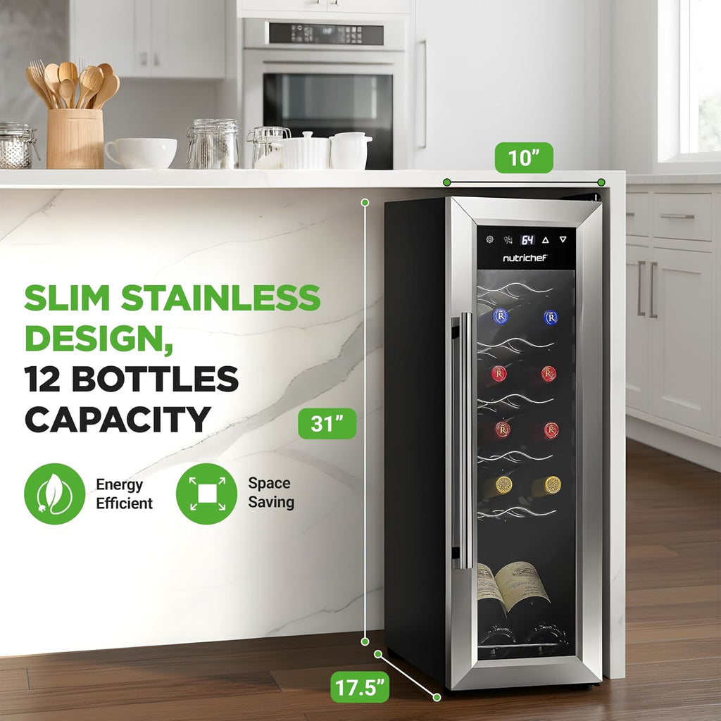 Nutrichef 12 Bottle Stainless Steel Slim Wine Fridge | Red & White Wine Chiller | Adjustable Temperature Control, Ultra Quiet Operation & Energy Efficient | Mini Wine Cooler Refrigerator | 31x10x17 IN