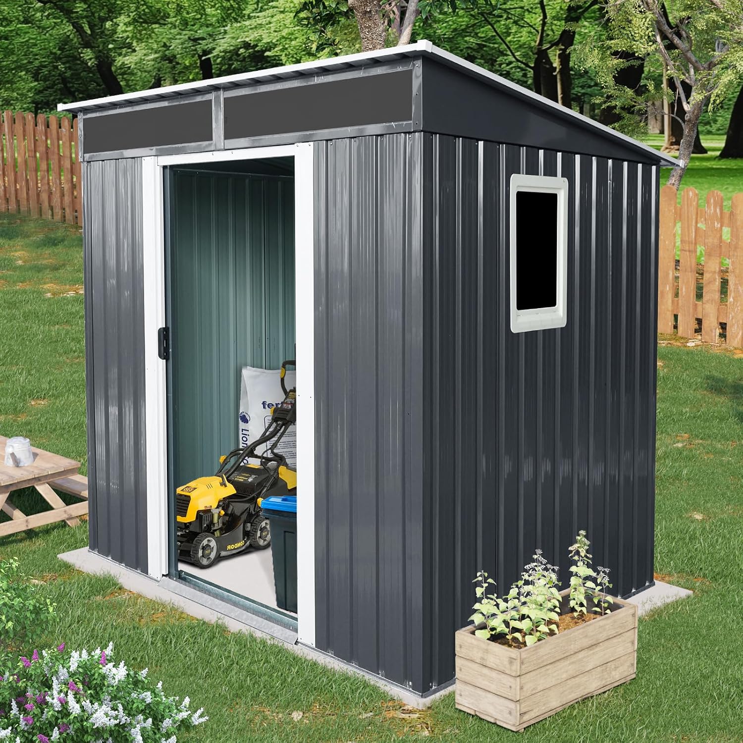 JT 6X4.5FT Outdoor Storage Shed, Galvanized Metal Garden Shed with Window and Metal Foundation, Tool Storage Shed for Patio Lawn Backyard (Black-with The window-6ftx4.5ft)