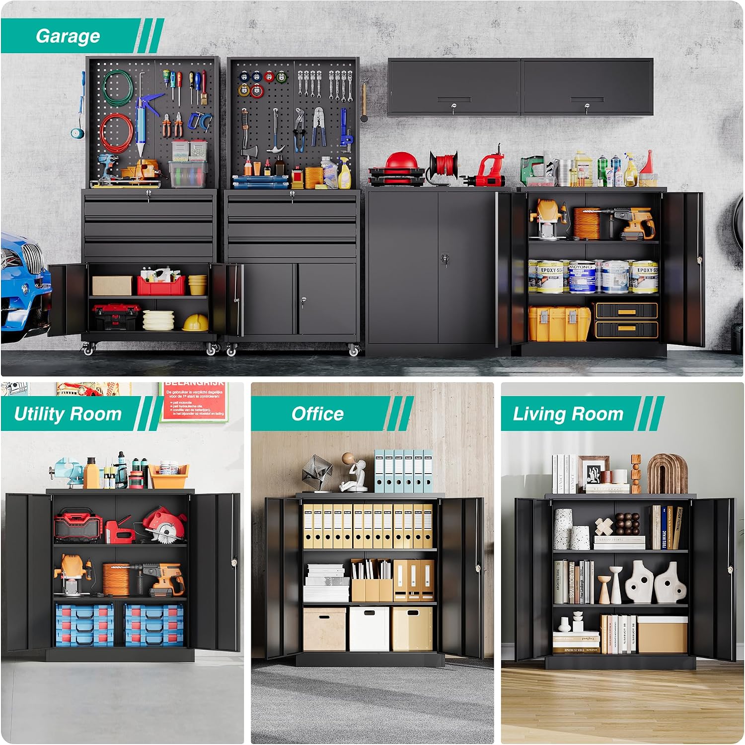 SISESOL Small Metal Storage Cabinet with Doors and Shelves,36 inch Black Locking Garage Cabinet,Lockable Short Steel Cabinets for Home,Office,Shop,Garage