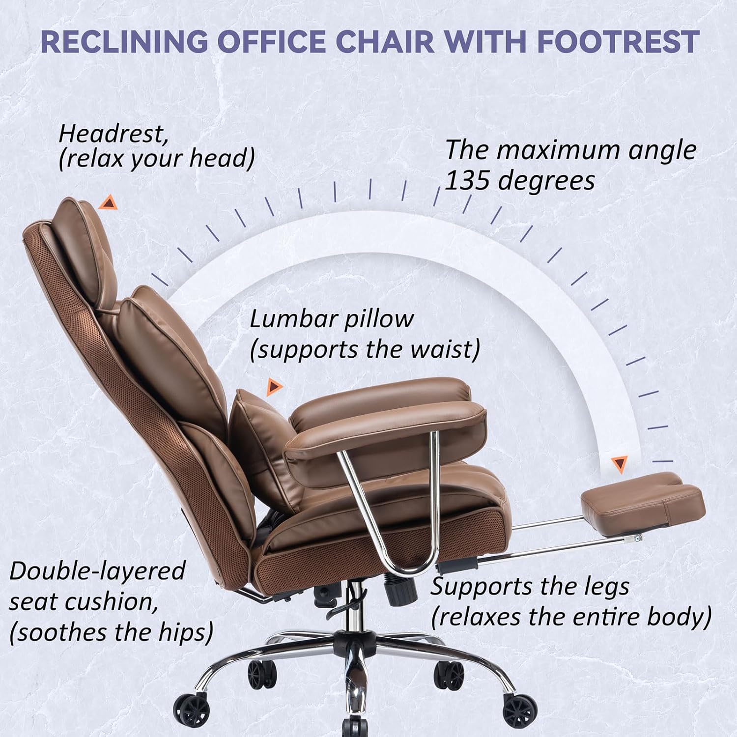 Efomao Executive Office Chair for Heavy People, High Back Chair with Foot Rest, Height Adjustable PU Leather Office Chair,Big and Tall Office Chair, Matte Brown Office Chair