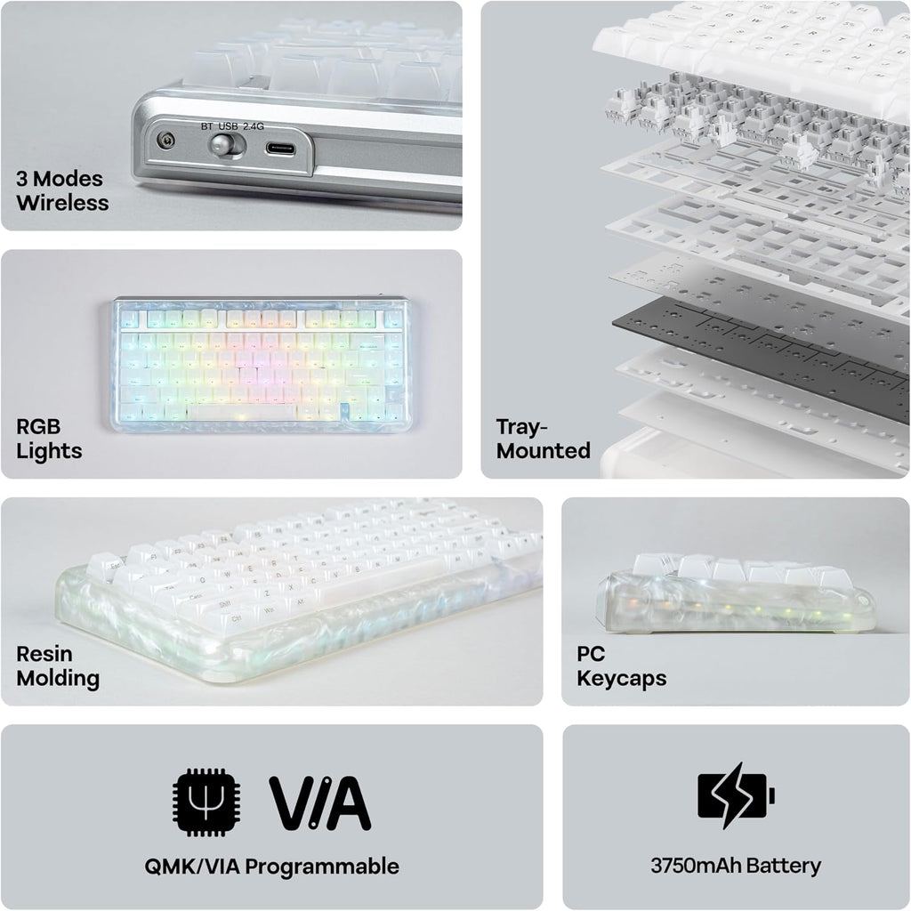 KiiBoom Jade75 75% Resin Molding Mechanical Keyboard, BT5.0/USB-C/2.4GHz Wireless Gaming Keyboard, QMK&VIA Programmable, RGB Backlits, Hot-Swappable, CNC+UV Case for Windows/Mac/Linux (White)