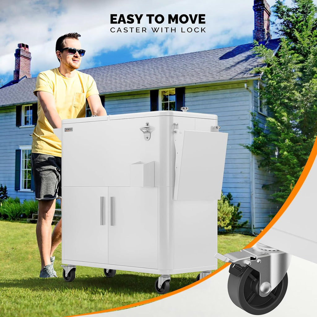 VINGLI Patio Cooler, Ice Chest with Storage Cabinet, Bottle Opener Drainage, Outdoor Cooler for Party, Deck, Pool