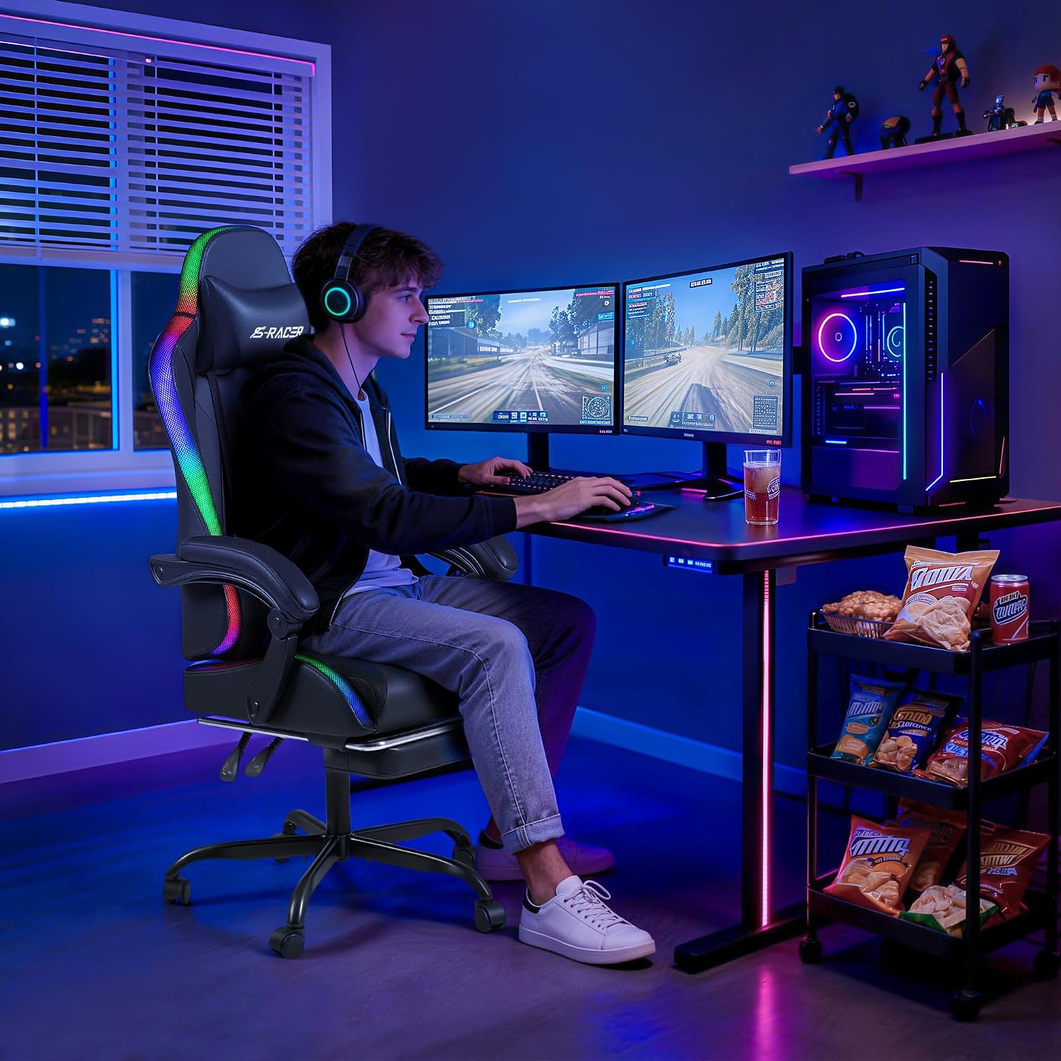 Homall Gaming Chair with Massage & Footrest, Ergonomic Computer Office Chair, High-Back Racing Style Reclining Chair with Adjustable Lumbar Support, PU Leather for Adults (Black)
