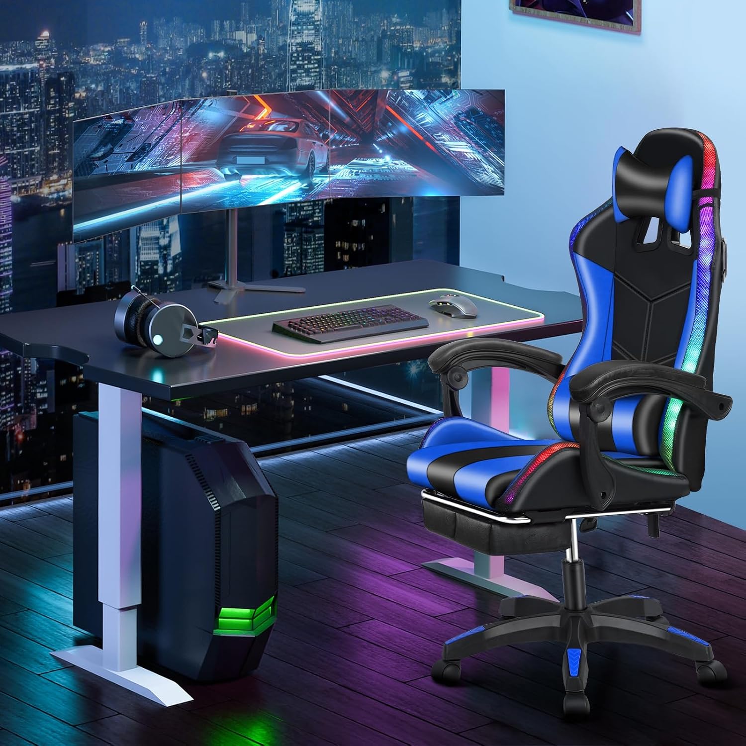 Gaming Chair, Office Chair with Foot Rest, Pocket Spring Cushion, Speakers Ergonomic Chair Massage Chair Multiple Led Light Gaming Chairs for Adults 350lbs Black Blue