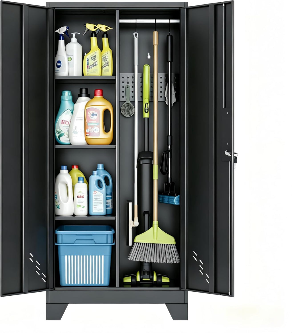 Broom Closet Storage Cabinet, 61' H Metal Storage Cabinet with Locking Doors and Pegboard, Utility Closet for Garage, Laundry Room, Living Room, Home Office