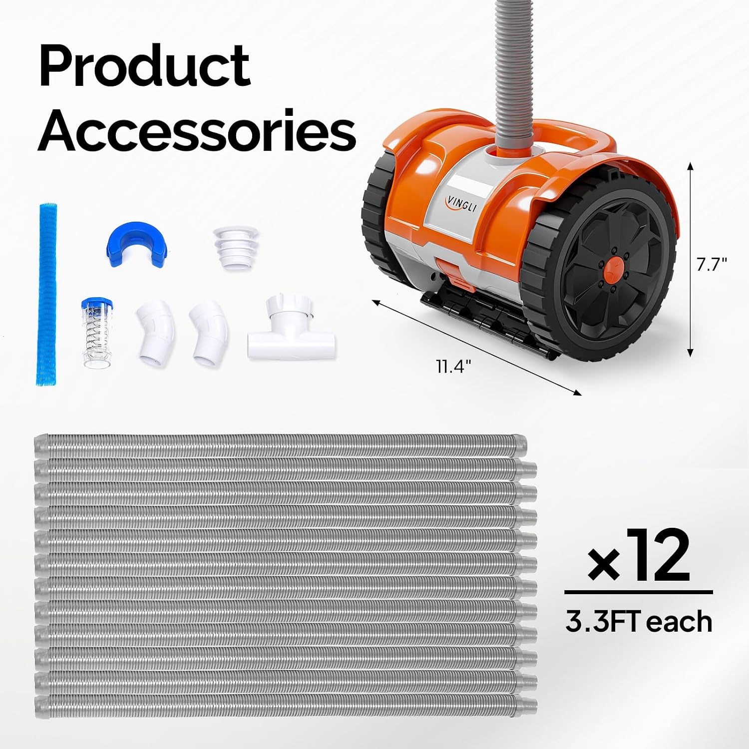 (2025 Upgrade) VINGLI Automatic Suction-Side Pool Vacuum Cleaner, Powerful Wall-Climbing Sweeper for Inground Pools, Includes 39.6ft Tangle-Free Hose (Orange&Gray)