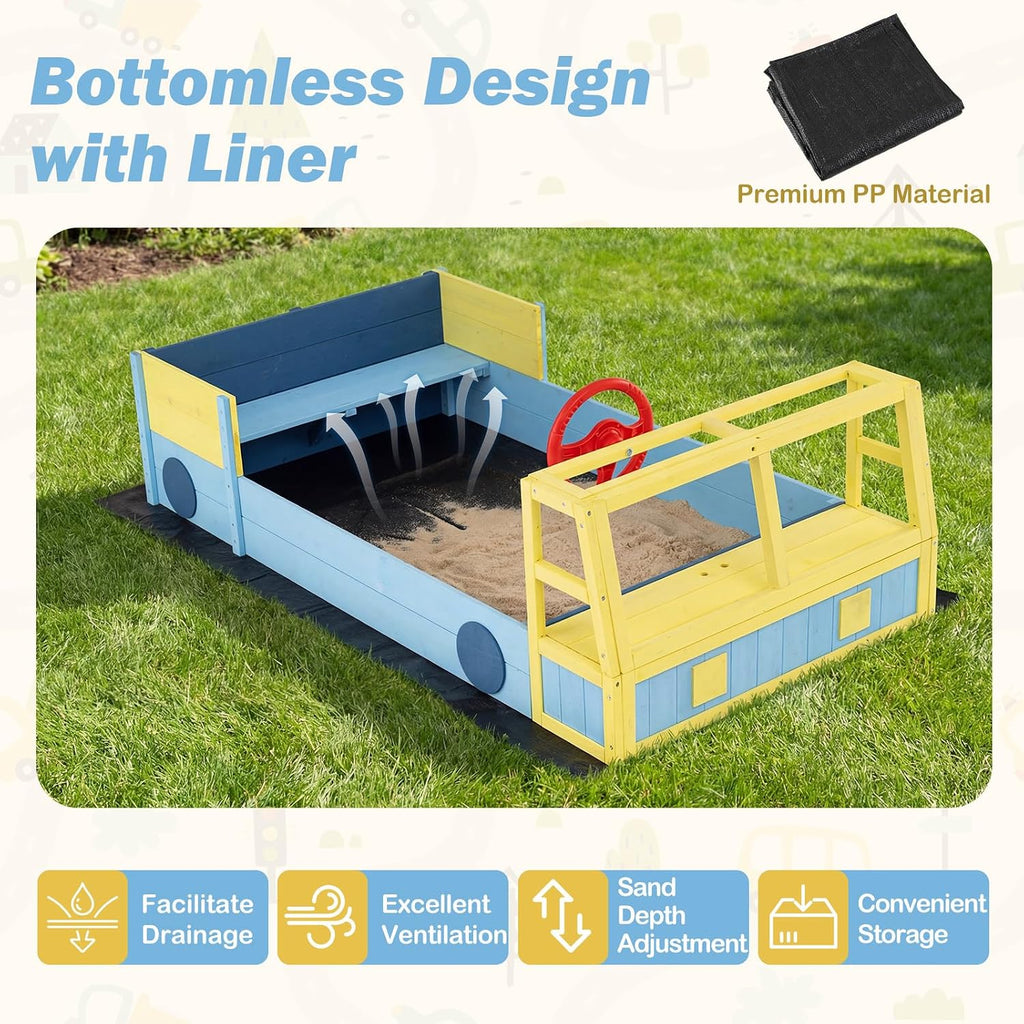 Costzon Sandbox, Fir Wood Car-Theme Sand Pit with Bottom Liner, Rotatable Rudder & Bench Seat for Kids Aged 18+ Months, Outdoor Playset for Backyard, Beach and Patio (Blue, Yellow)