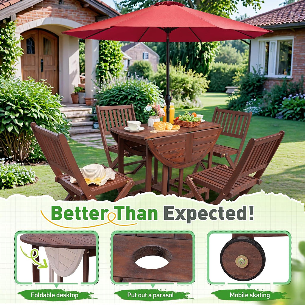 Greesum 5 Piece Patio Folding Furniture Bistro Set All-Weather Outdoor Conversation Round Table and Chairs for Pool Beach Backyard Balcony Porch Deck Garden, Dark Brown