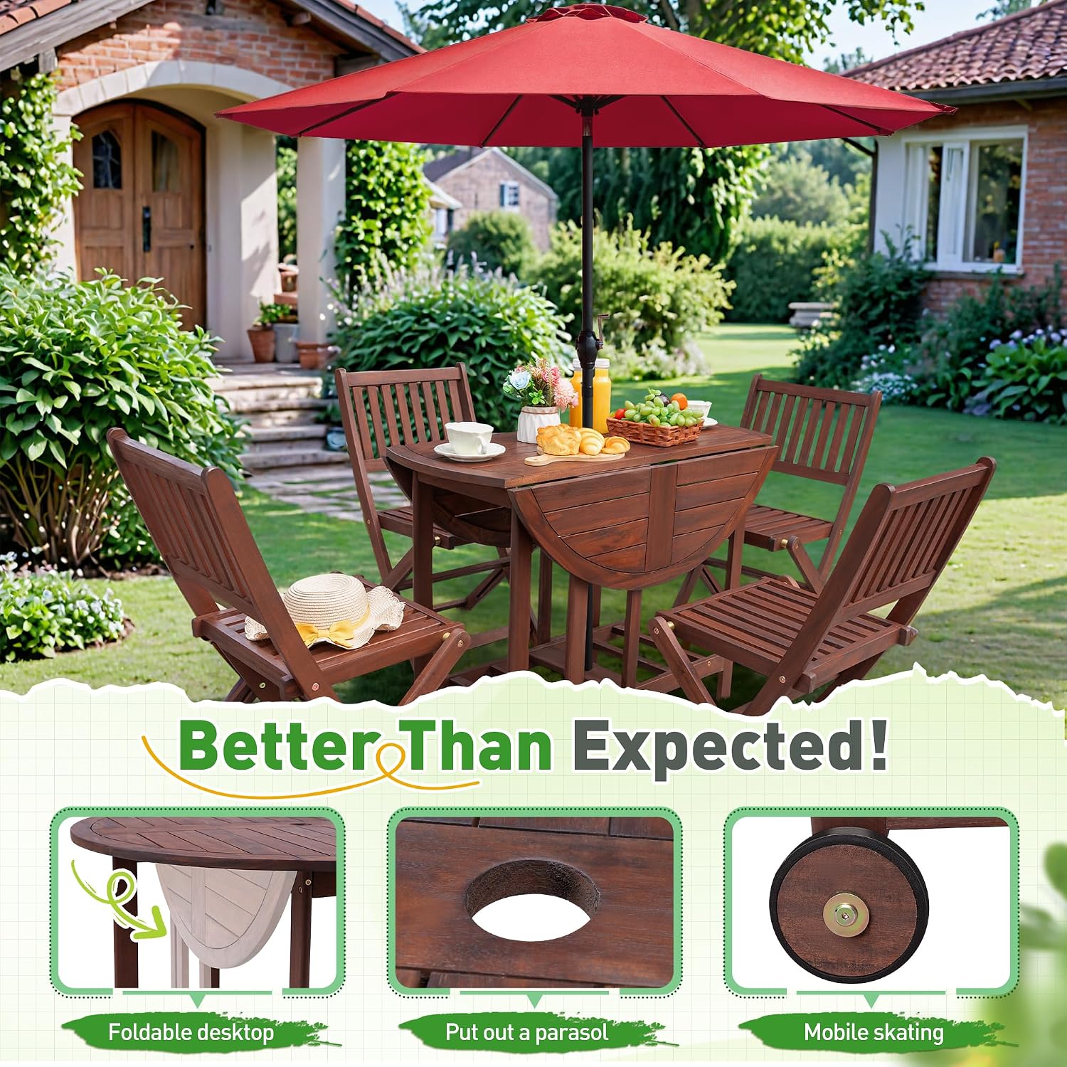 Greesum 5 Piece Patio Folding Furniture Bistro Set All-Weather Outdoor Conversation Round Table and Chairs for Pool Beach Backyard Balcony Porch Deck Garden, Dark Brown