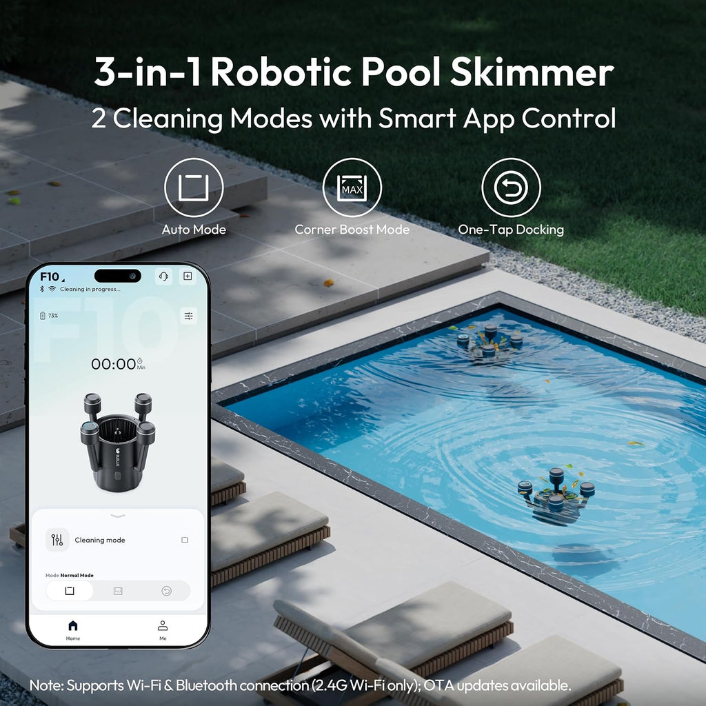 BUBLUE F10 Robotic Surface Skimmer, Pool Cleaner with Powerful Suction, Dual Motor, 5L Filter, Dual Cleaning Modes,App Control,One-Tap Docking, AI Navigation, Ideal for In-Ground & Above-Ground Pools