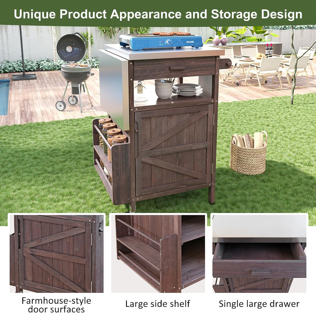 LUMISOL Outdoor Grill Cart with Stainless Steel Top, 40.5' Outdoor Rolling Kitchen Island with Drop Leaf, Drawer and Towel Rack, Outdoor Storage Cabinet with Lockable Wheels, Brown