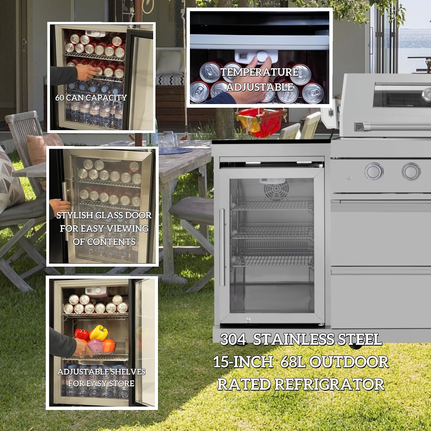 Modular Outdoor Kitchen BBQ Island, 85' Outdoor Kitchen Propane Gas Island Grill with Sink, Compact Refrigerator, Storage Cabinets, Rotisserie Kit (Silver, 85')
