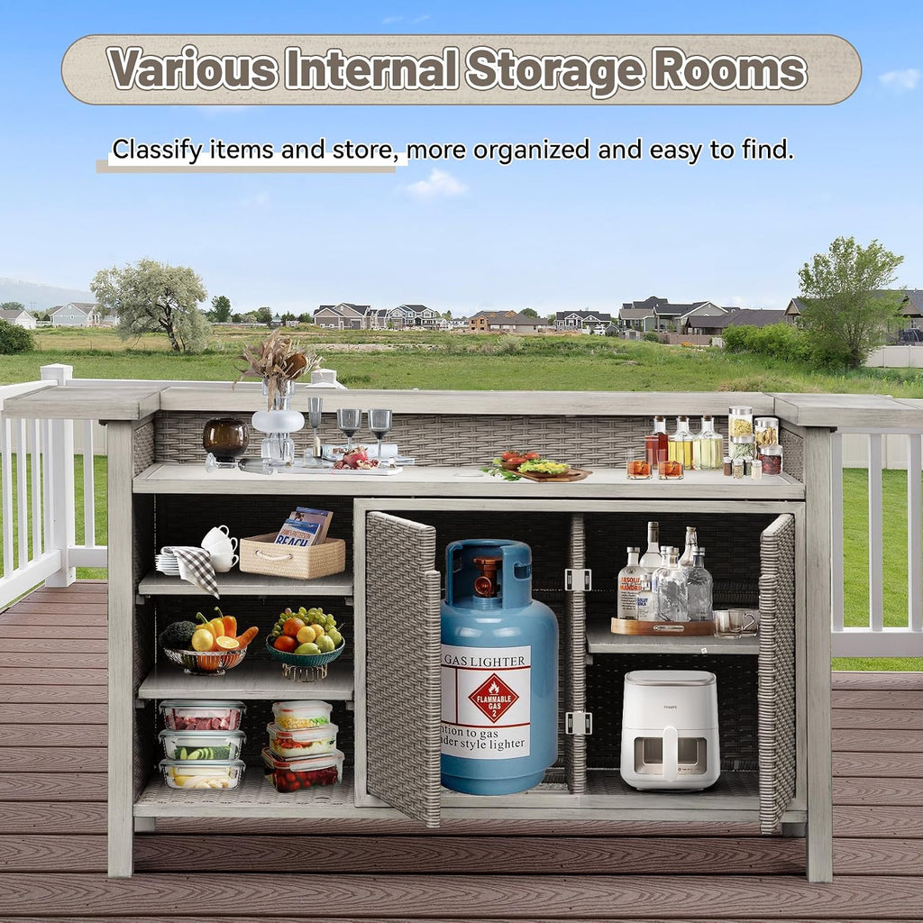 Outdoor Bar Table with Storage, Aluminum & PE Wicker Patio Bar Tables, Outdoor Kitchen Cabinet Furniture Weatherproof, Outside Bars for BBQ Cooking, Farmhouse Buffet with Shelves, Wood Grain