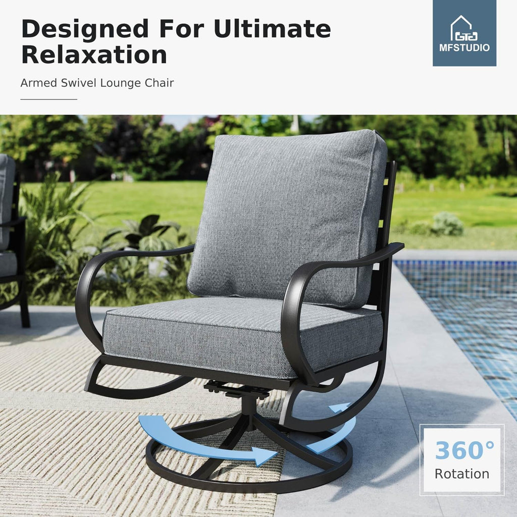 MFSTUDIO 6 Pieces Patio Furniture Sets with 45' Gas Fire Pit Table(Up to 7 Seat),Outdoor Metal Frame Patio Conversation Sofas with 1 x 3-Seat Sofa, 2 Swivel Chairs and 2 Ottoman, Grey Cushion