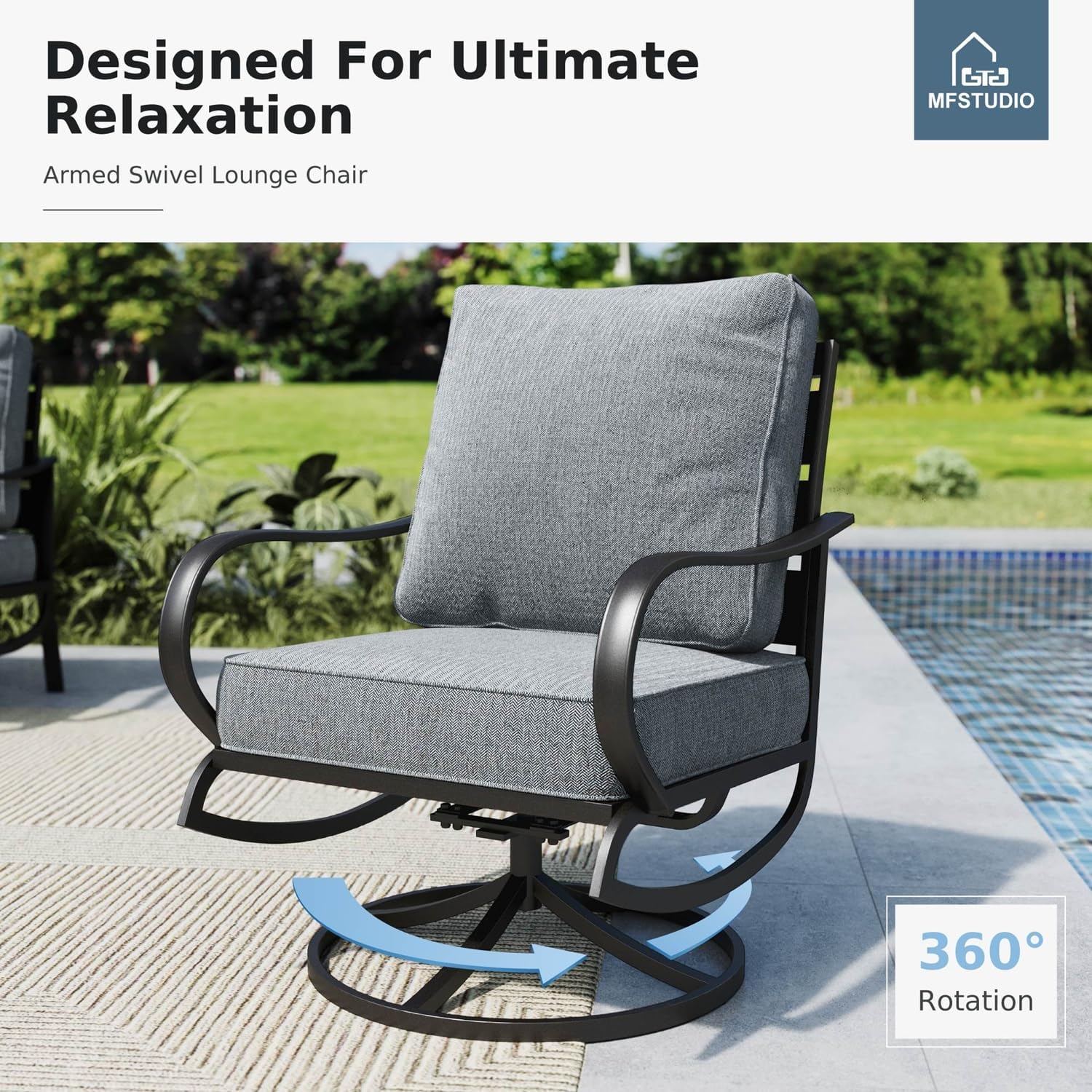 MFSTUDIO 6 Pieces Patio Furniture Sets with 45' Gas Fire Pit Table(Up to 7 Seat),Outdoor Metal Frame Patio Conversation Sofas with 1 x 3-Seat Sofa, 2 Swivel Chairs and 2 Ottoman, Grey Cushion