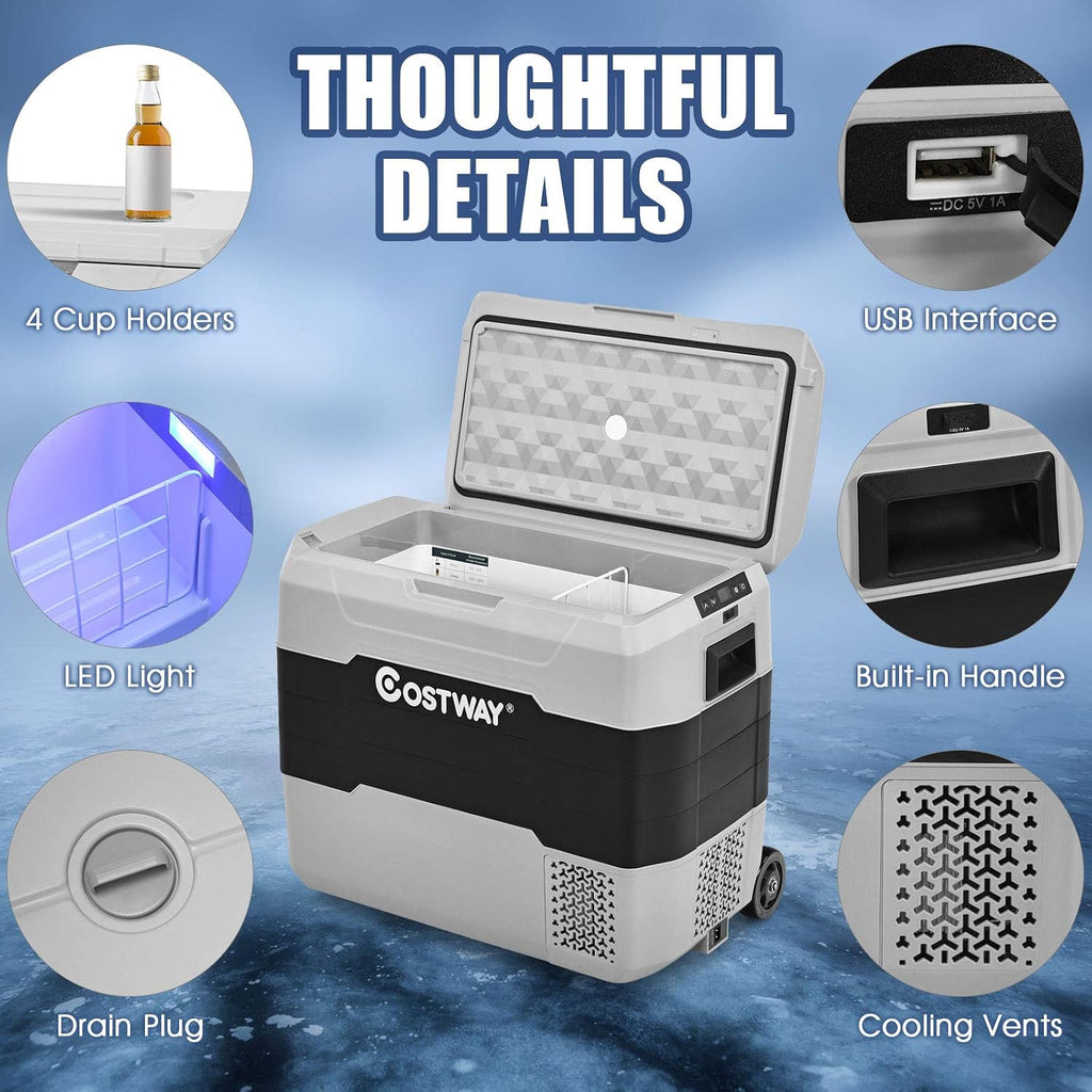 COSTWAY Car Refrigerator with Wheels, 42-Quart Dual-zone Electric Cooler with Telescopic Handle, 12V/24V DC, 100-240V AC, -4°F To 50°F, Portable Fridge Freezer for RV Camping Travel, Grey+Black