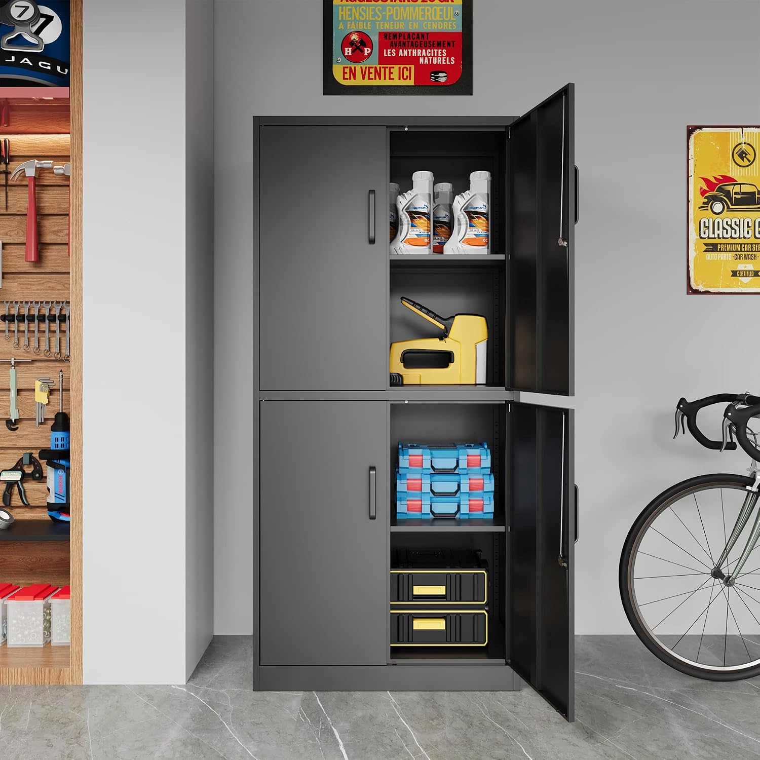 STANI Metal Storage Cabinet, Locking Steel Cabinet with 4 Doors and 2 Adjustable Shelves, 71' Tall Steel Cabinet for Home Office, Garage, School (Black)