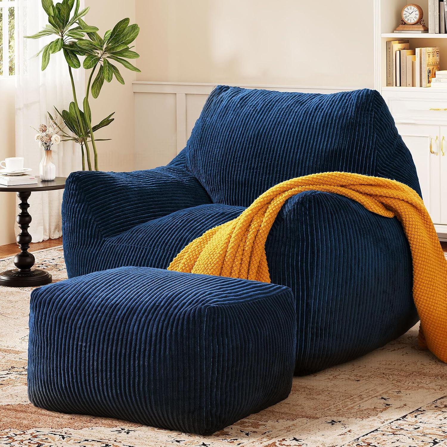 Big Bean Bag Chair for Adults, Ultra Soft Living Room Bean Bag with Armrests & Ottoman, Stuffed BeanBag Chair for Napping, Gaming, Vacuum-Compressed for Easy Gifting, 48h to Expand,Navy Blue