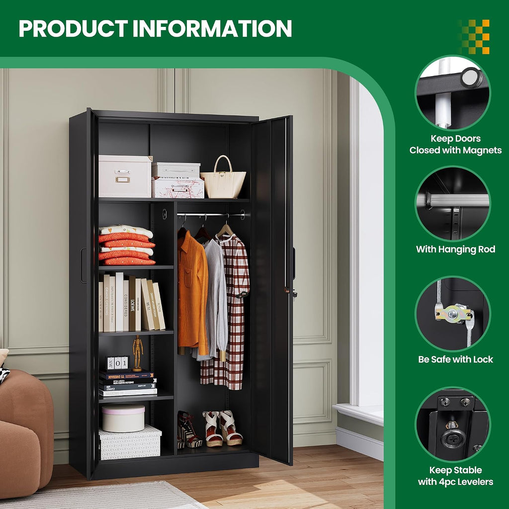 72' H Metal Garage Storage Cabinets, Lockable Broom Closet Cabinet with Hanging Rod & Doors, 5-Tier Steel Utility Cabinets for Garage, Laundry Room, Warehouse Storage, Black