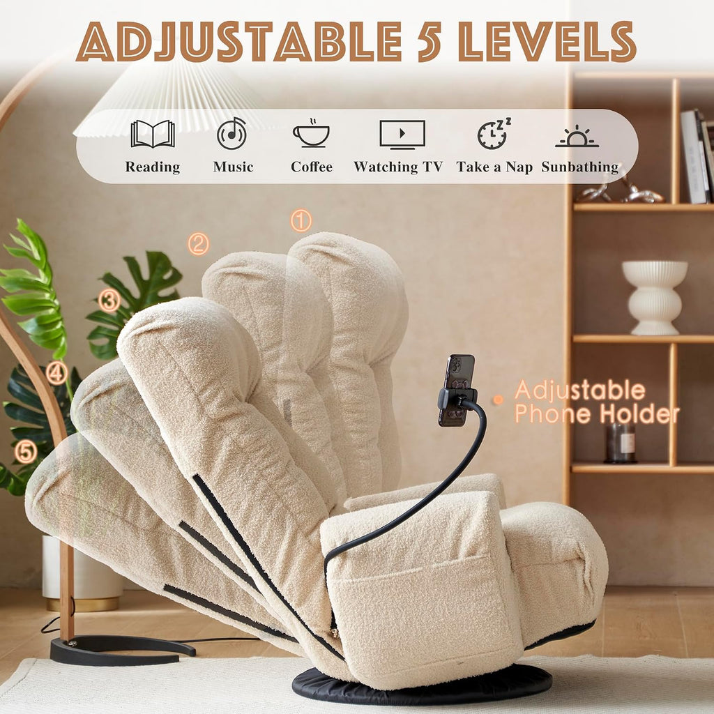 Floor Chair with Back Support, Swivel Gaming Chair with 5 Adjustable Position, Meditation Chair with Phone Holder, Teddy Indoor Lounge Chair for Lazy Boys, Living Room, Bedroom, Lounge, Beige