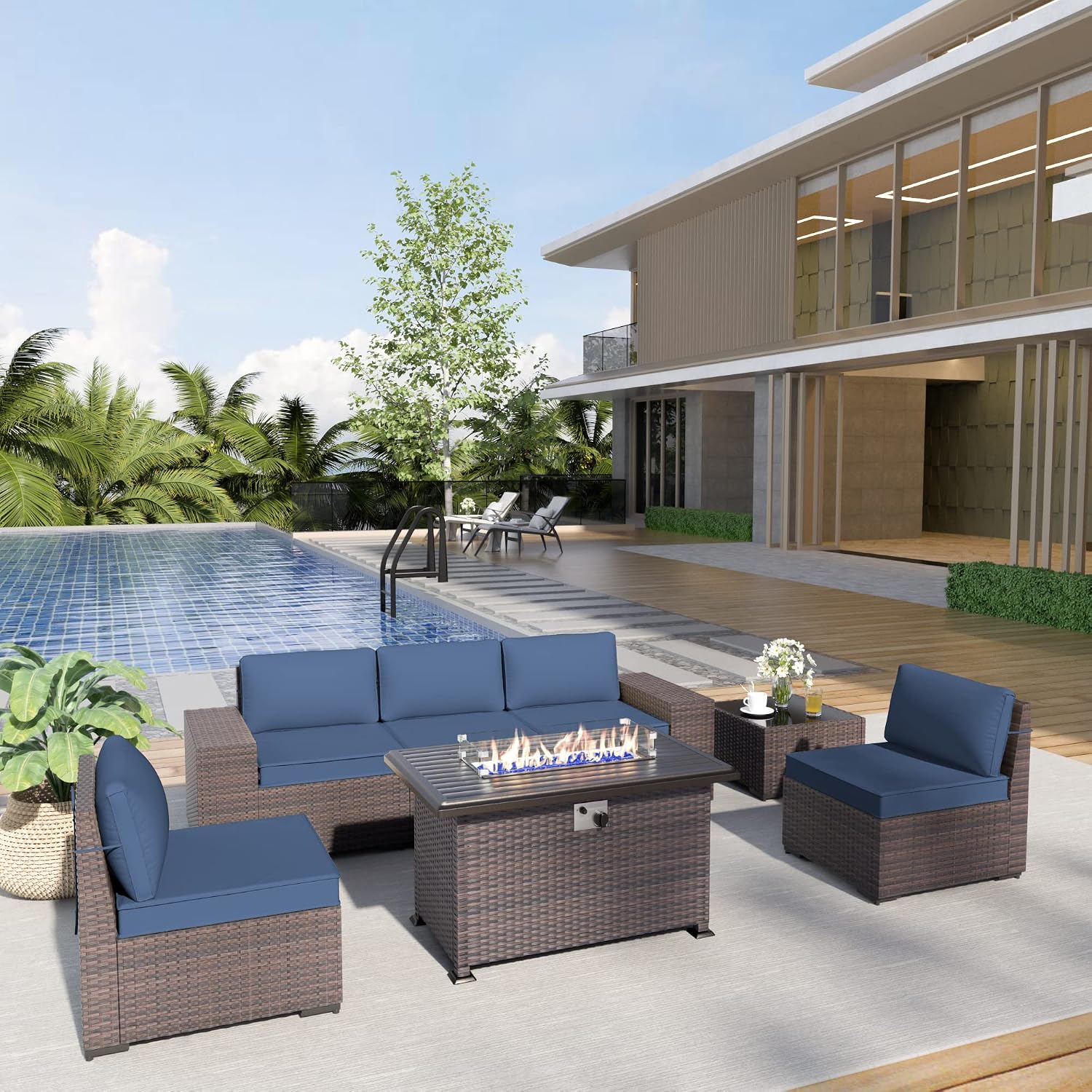 Kurapika 7 Pieces Patio Furniture Set, Rattan Wicker Outdoor Conversation Sets w/43in Propane Fire Pit Table and 4 Inch Cushion(Navy Blue)