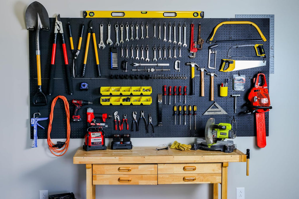 WallPeg Pegboard Panels Garage Organization - 12 ea (24'x16') Black Peg Board Panel Set - (PB-1-B) Tool Organizer, Crafts, Shop, Home, Office, Wall Storage Kit