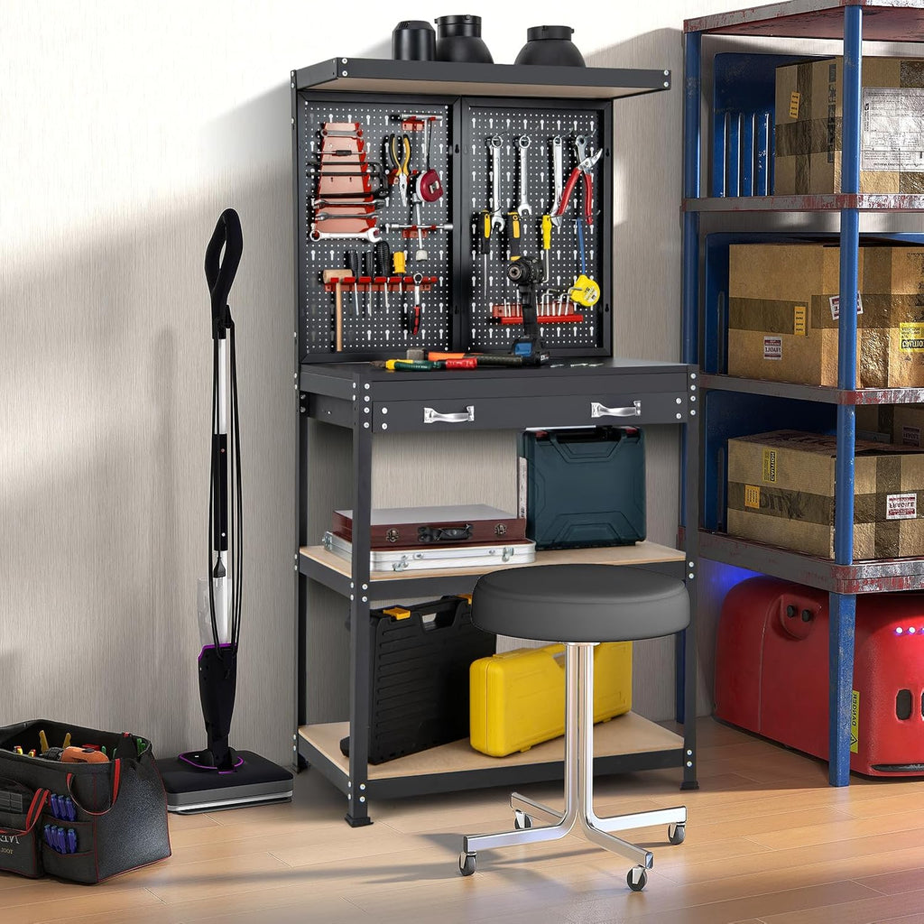 Goplus Workbench, Work Table with Drawer, Pegboard, Hanging Accessories, Topping Space, 4-Tier Heavy Duty Metal Tool Storage Bench, Work Benches for Garage, Workshop (Red, 32' x 16' with Drawer)