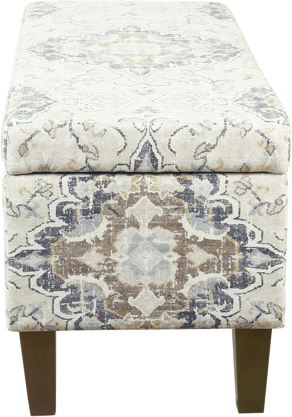 HomePop Ottomon Upholstered Rectangular Storage Ottoman Bench with Hinged Lid, Antiqued Medallion Print Ebony and Cream