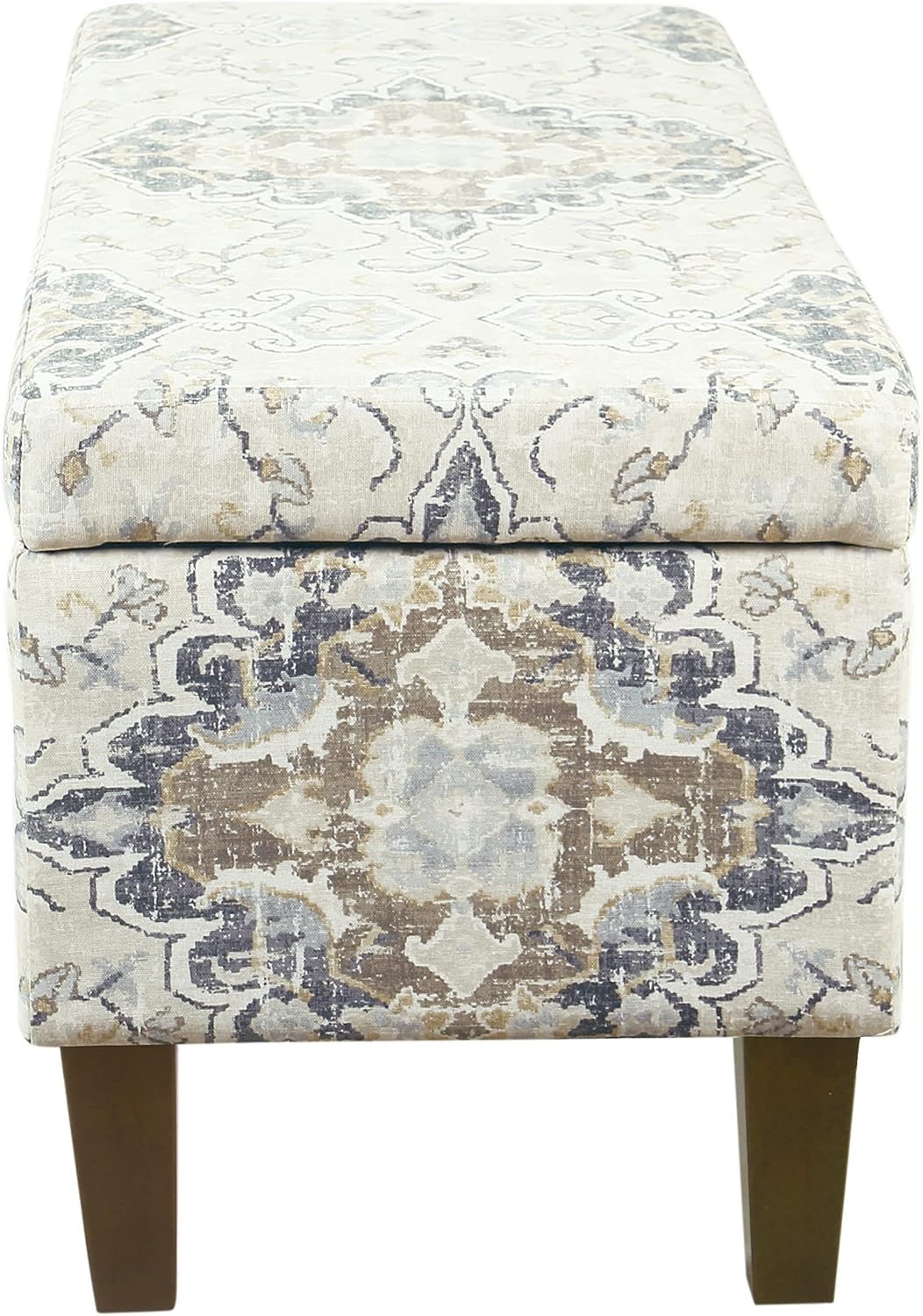 HomePop Ottomon Upholstered Rectangular Storage Ottoman Bench with Hinged Lid, Antiqued Medallion Print Ebony and Cream