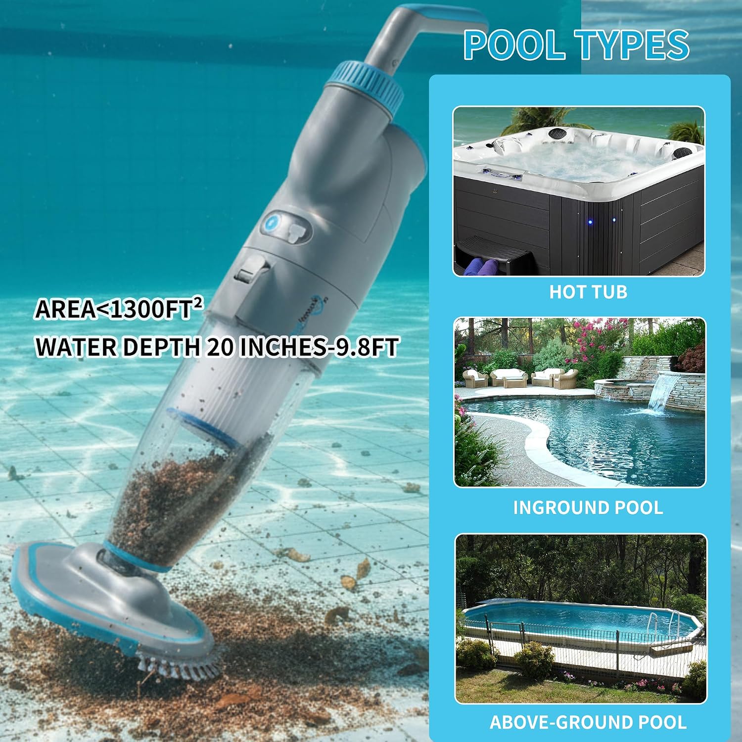 50 Handheld Pool Vacuum, Dual Filtration Cleaner for Above Ground Pools, 32 GPM Strong Suction for Leaves, Sand & Debris, 60-Min Runtime, Ideal for Steps, Corners & Spa