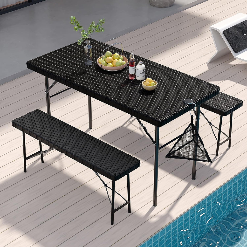 VECELO 3 Piece Folding Picnic Table with 2 Benches, 47.2' Faux Rattan Patio Set with Mesh Bag, Heat-Resistant & Waterproof, for Indoor Outdoor Use, Black