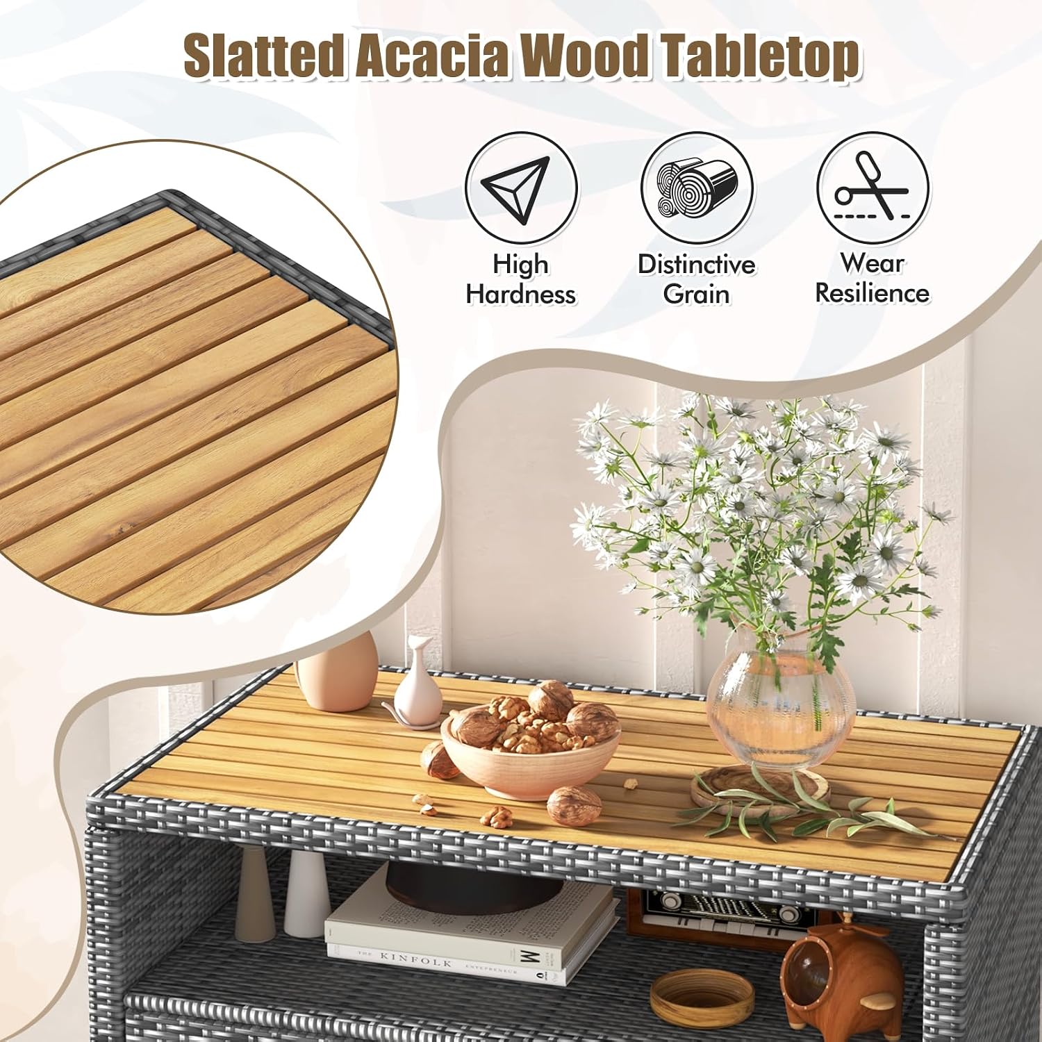 HAPPYGRILL Rattan Storage Cabinet, Patio Sideboard Buffet Cabinet with Acacia Wood Countertop, Open Shelf & 2 Door Cabinet, Wicker Storage Organizer for Garden Tools (Mixed Grey)