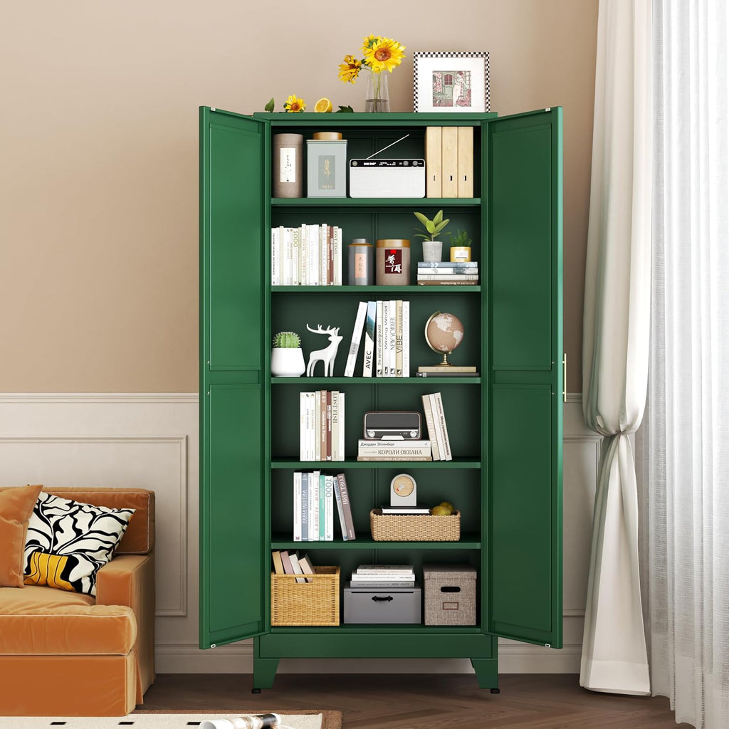 pozdeg 75' Tall Pantry Cabinet, Metal Kitchen Storage Cabinet with 2 Doors and 5 Adjustable Shelves, White Storage Cabinet Cupboard for Kitchen, Dining Room, Living Room and Bathroom (Green)