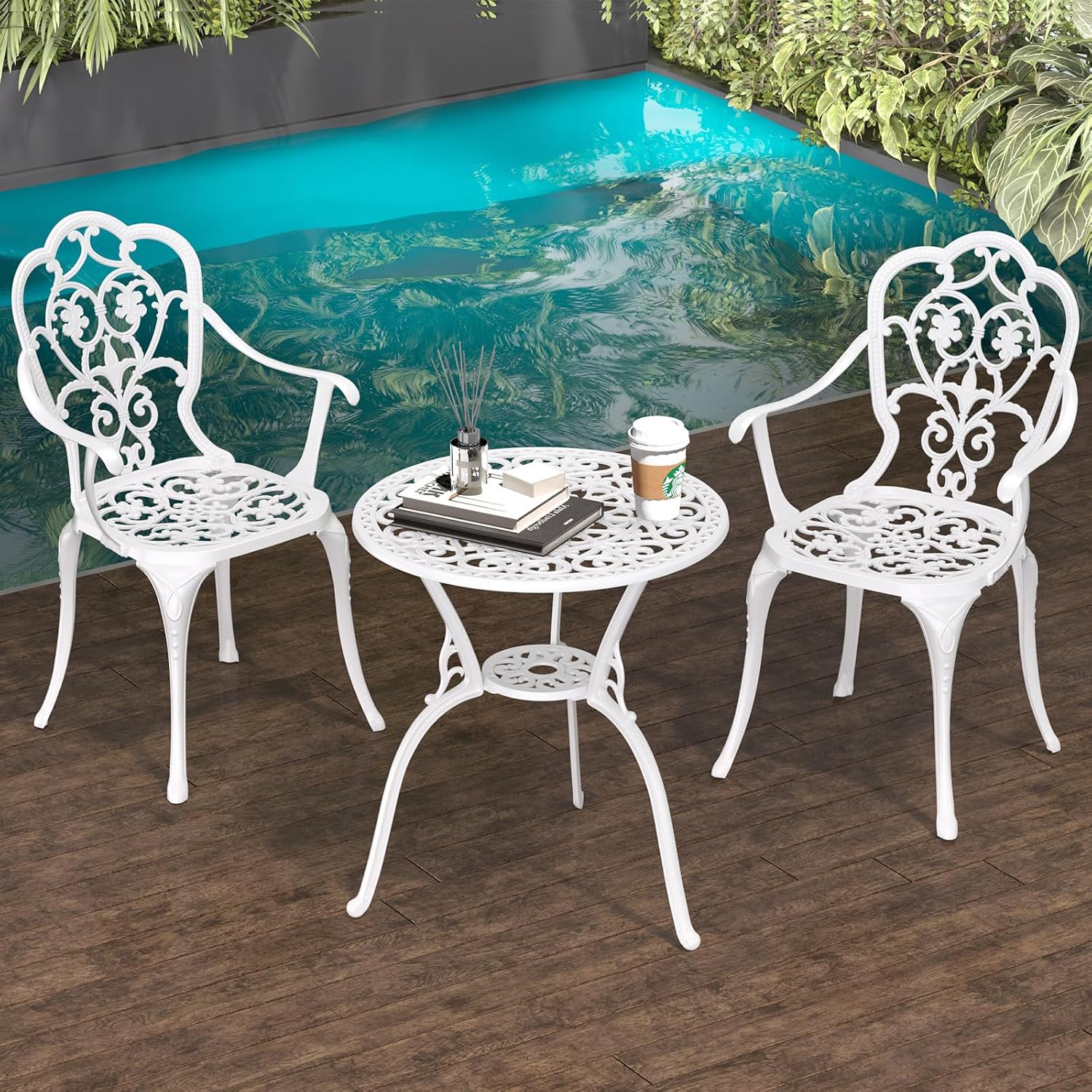 Patio Bistro Set of 2, Cast Aluminum, Outdoor Set w/Umbrella Hole, 3 Piece Table and Chairs Set, Bistro Set for Backyard/Garden/Lawn, White