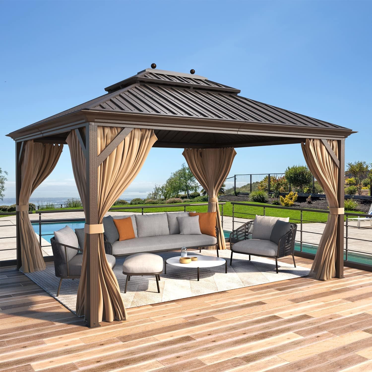 MELLCOM 12' x 14' Hardtop Gazebo, Brown Permanent Pavilion Gazebo with Curtains and Netting, Galvanized Steel Metal Double Roof Aluminum Gazebos with Aluminum Frame for Patio, Lawn & Garden