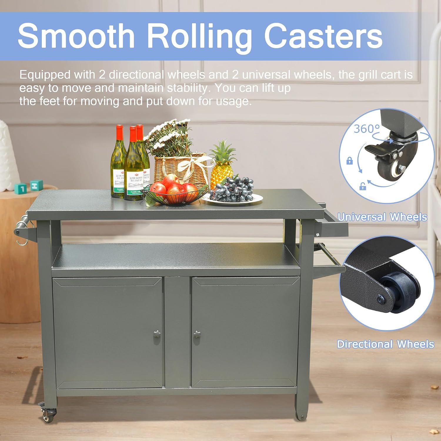 Domi Outdoor Grill Cart with Wheels,XL Outdoor Kitchen Island with Storage,Cooking Prep BBQ Table for Patio, Home Party, Lawn & Garden (Grey)