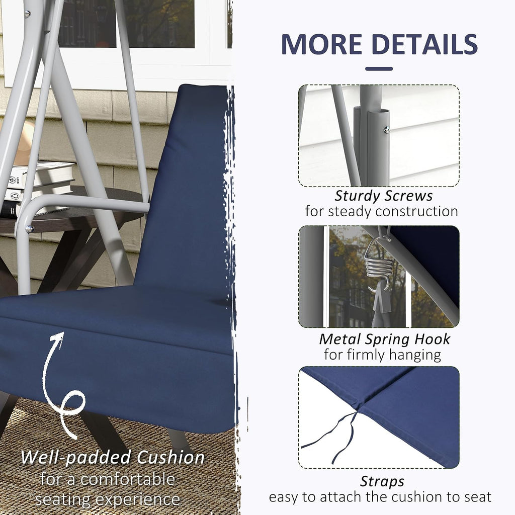Outsunny 2 Person Porch Swing with Stand, Outdoor Swing with Canopy, Pivot Storage Table, 2 Cup Holders, Cushions for Patio, Backyard, Dark Blue