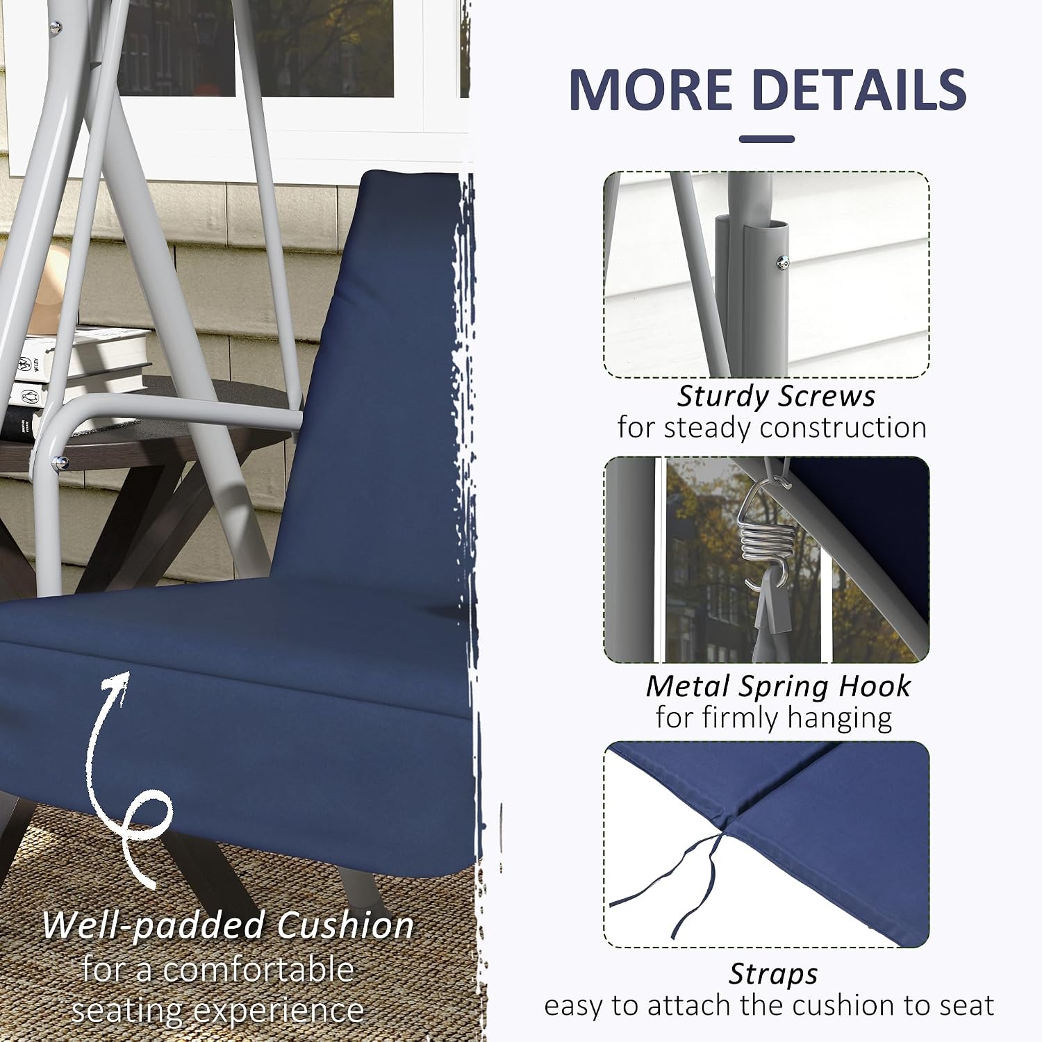Outsunny 2 Person Porch Swing with Stand, Outdoor Swing with Canopy, Pivot Storage Table, 2 Cup Holders, Cushions for Patio, Backyard, Dark Blue