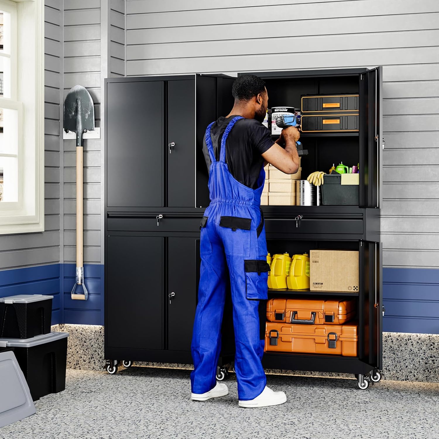 Yizosh Metal Garage Storage Cabinet with Locking Doors and Adjustable Shelves, 73' Rolling Tool Storage Cabinet with 4 Wheels and 1 Drawer for Garage,Warehouse (Black)