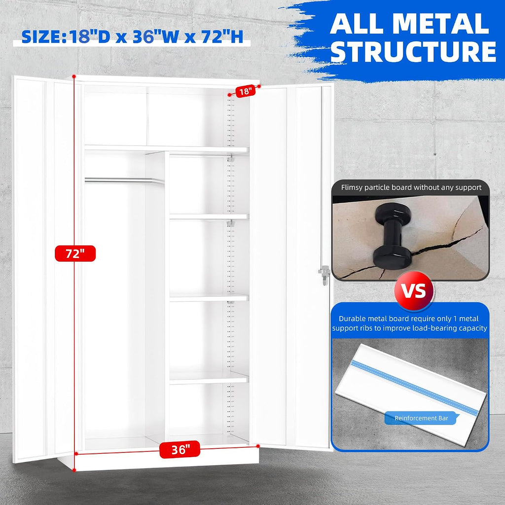 Pataku 72' Metal Wardrobe Storage Cabinet Armoire, Locking Cabinet Locker with Hanging Rod, Steel Garage Storage Closet with 4 Adjustable Shelves for Office, Home, Employee, Broom(White)