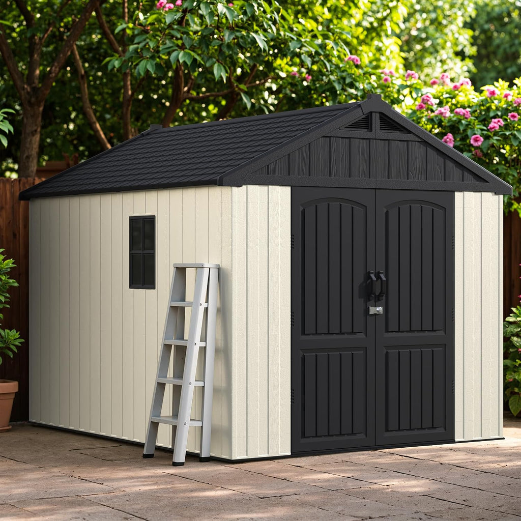 Greesum 8×10 FT Plastic Outdoor Storage Shed with Floor, Resin Sheds with Window and Lockable Door, Weather Resistant Organization for Garden, Lawn, Pool Supplies, Beige