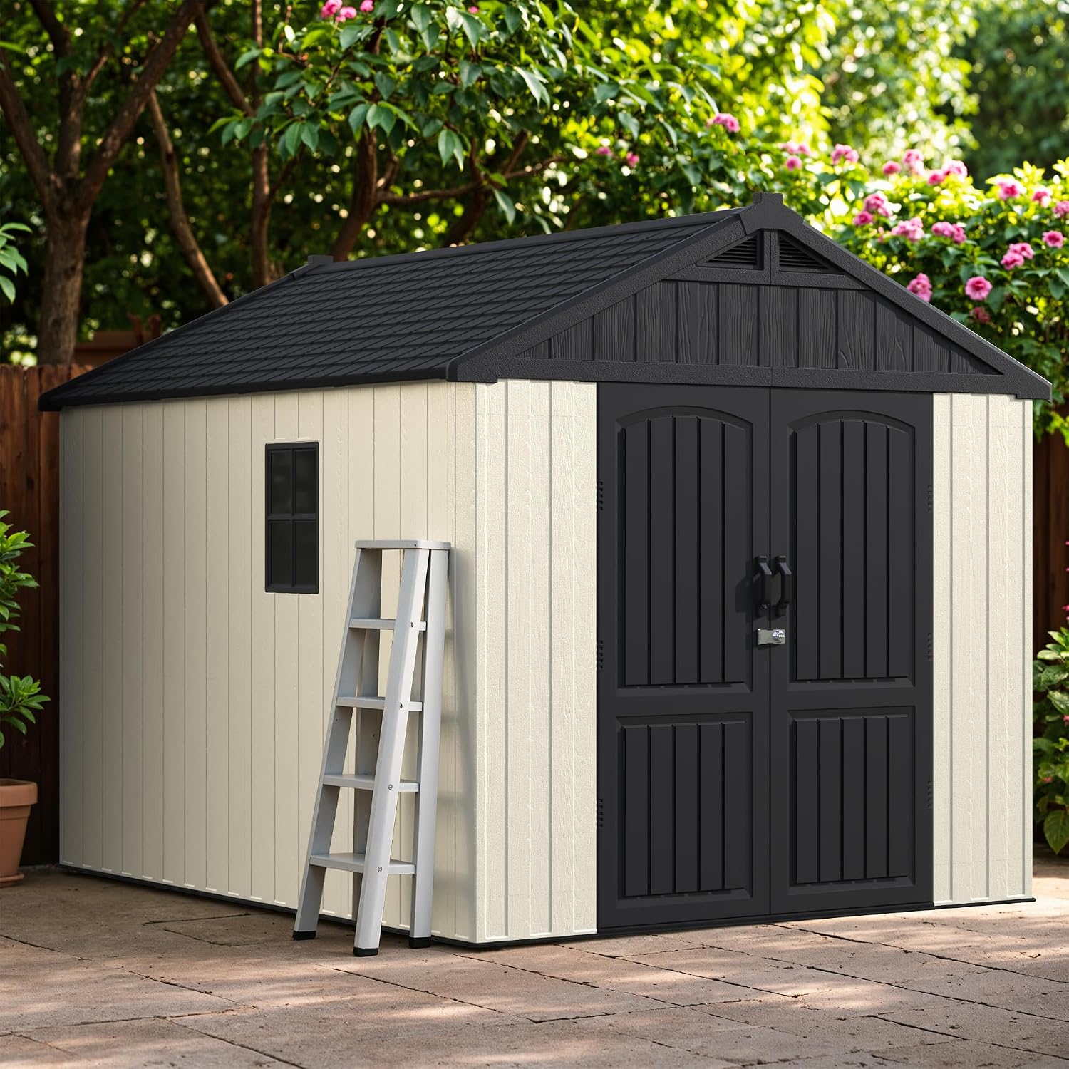 Greesum 8×10 FT Plastic Outdoor Storage Shed with Floor, Resin Sheds with Window and Lockable Door, Weather Resistant Organization for Garden, Lawn, Pool Supplies, Beige