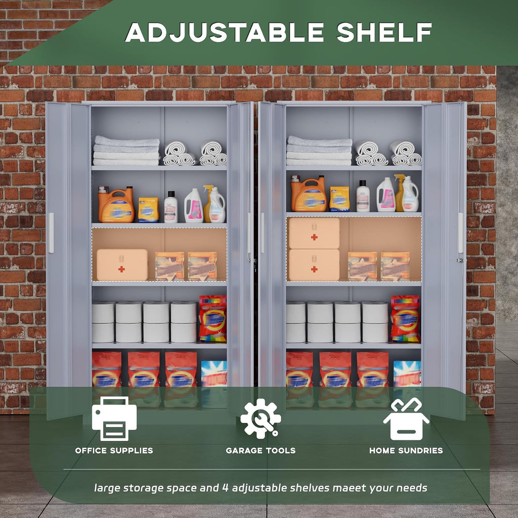 Greenvelly Metal Garage Storage Cabinet, 72' Tall Locking Steel Cabinet with 2 Doors and 4 Adjustable Shelves, Utility Metal Filing Cabinet with Lock for Home, Office, Garage, School (Dark Grey)