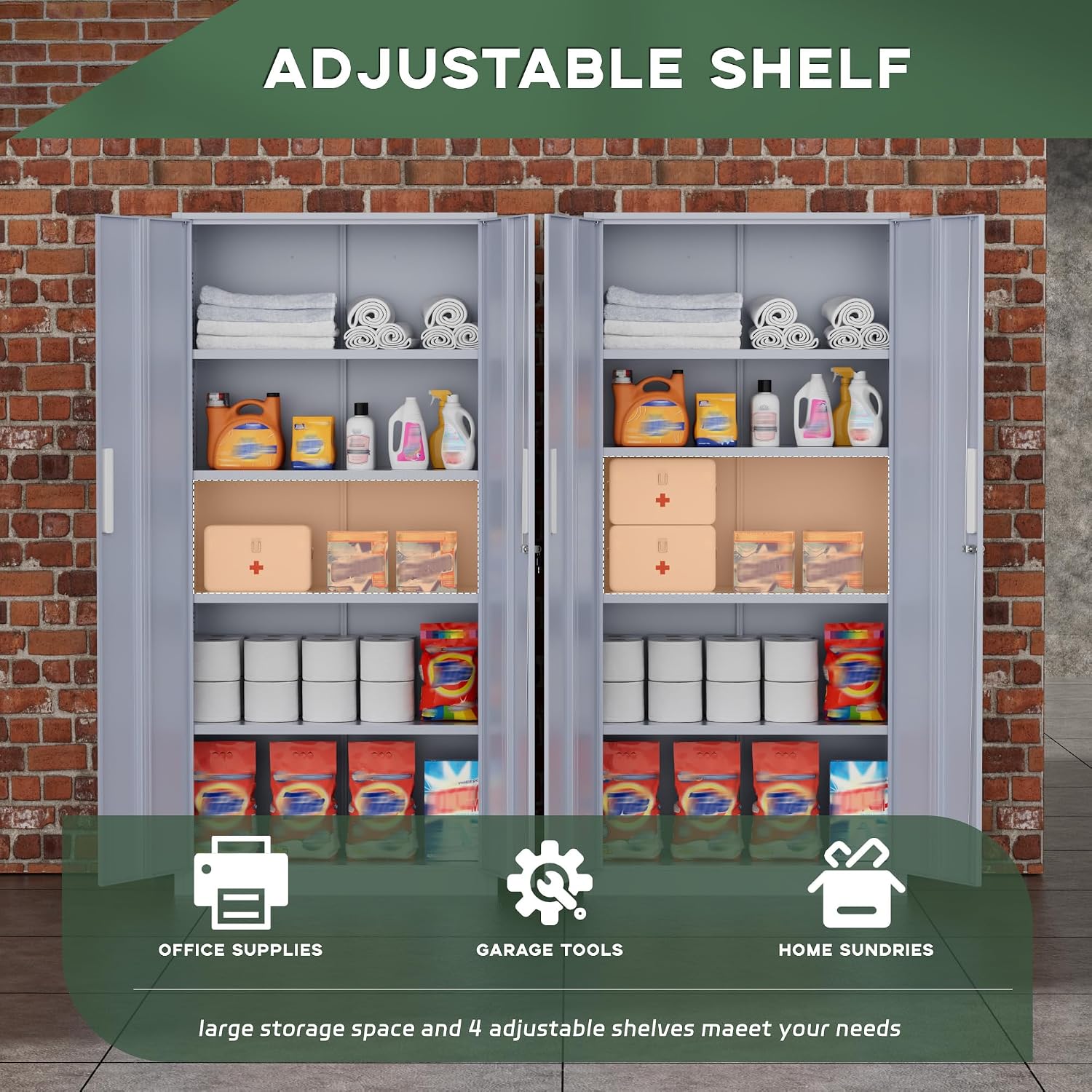 Greenvelly Metal Garage Storage Cabinet, 72' Tall Locking Steel Cabinet with 2 Doors and 4 Adjustable Shelves, Utility Metal Filing Cabinet with Lock for Home, Office, Garage, School (Dark Grey)