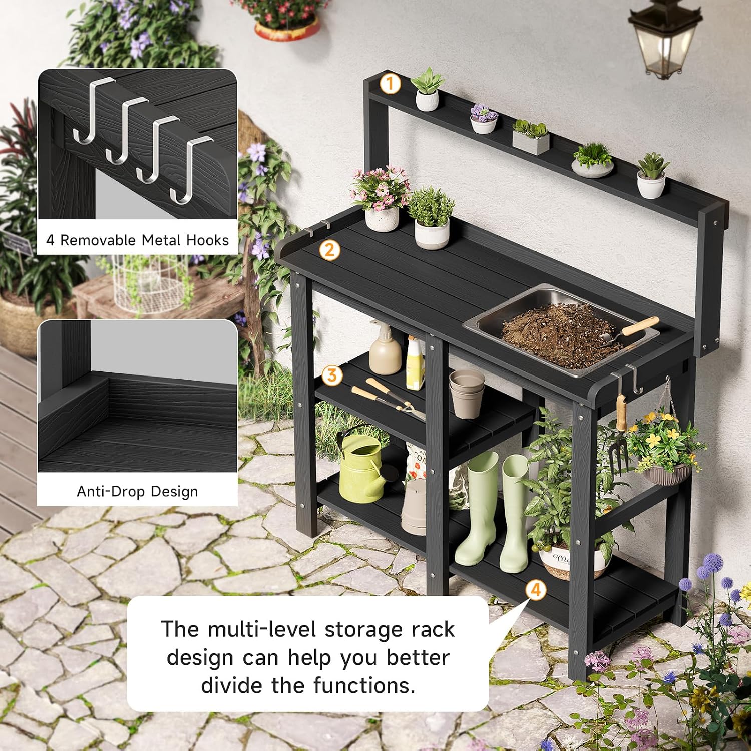 ONBRILL Potting Bench, Outdoor Potting Bench Table with Removable Sink, HDPS Potting Benches for Outside, Garden Table with Storage Shelves & 4 Side Hooks, No Rot, No Fade, No Break, 360lbs Capacity