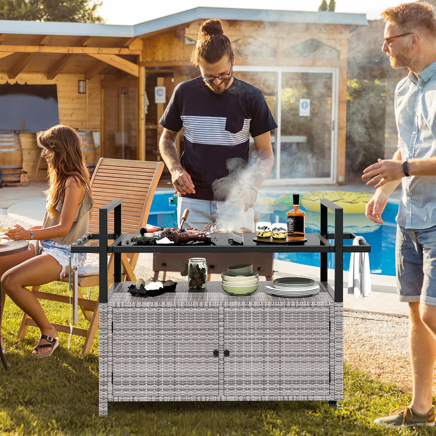 Tangkula Outdoor Bar Cart, Patiojoy Rolling Wicker Buffet Serving Cart with Tempered Glass Top, Storage Cabinet & 8 Hooks, Kitchen Island Cart on Wheels for Porch Backyard Garden Poolside (Mix Grey)