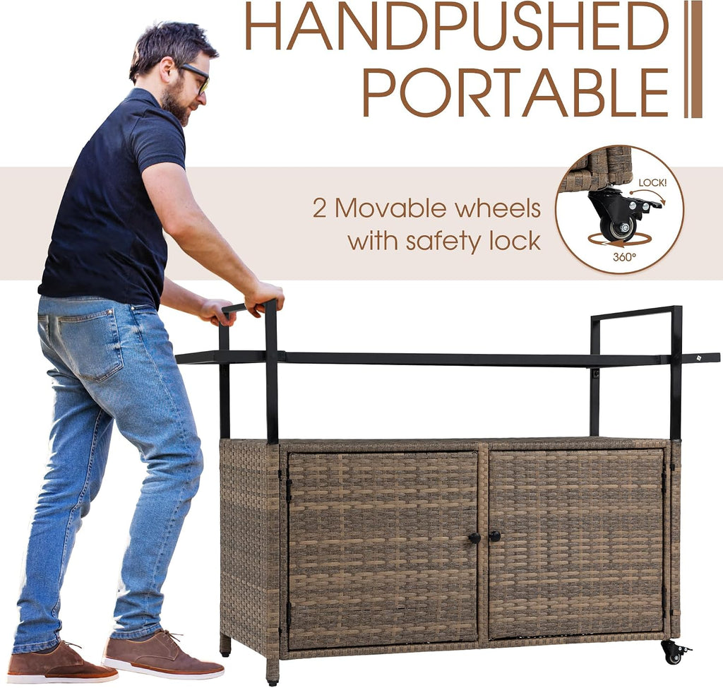 HOMEFUN Outdoor Bar Cart Table - Patio Console Storage Cabinet BBQ Grill Carts Buffet with Wheels Waterproof Wicker Serving Tables for Outside, Brown