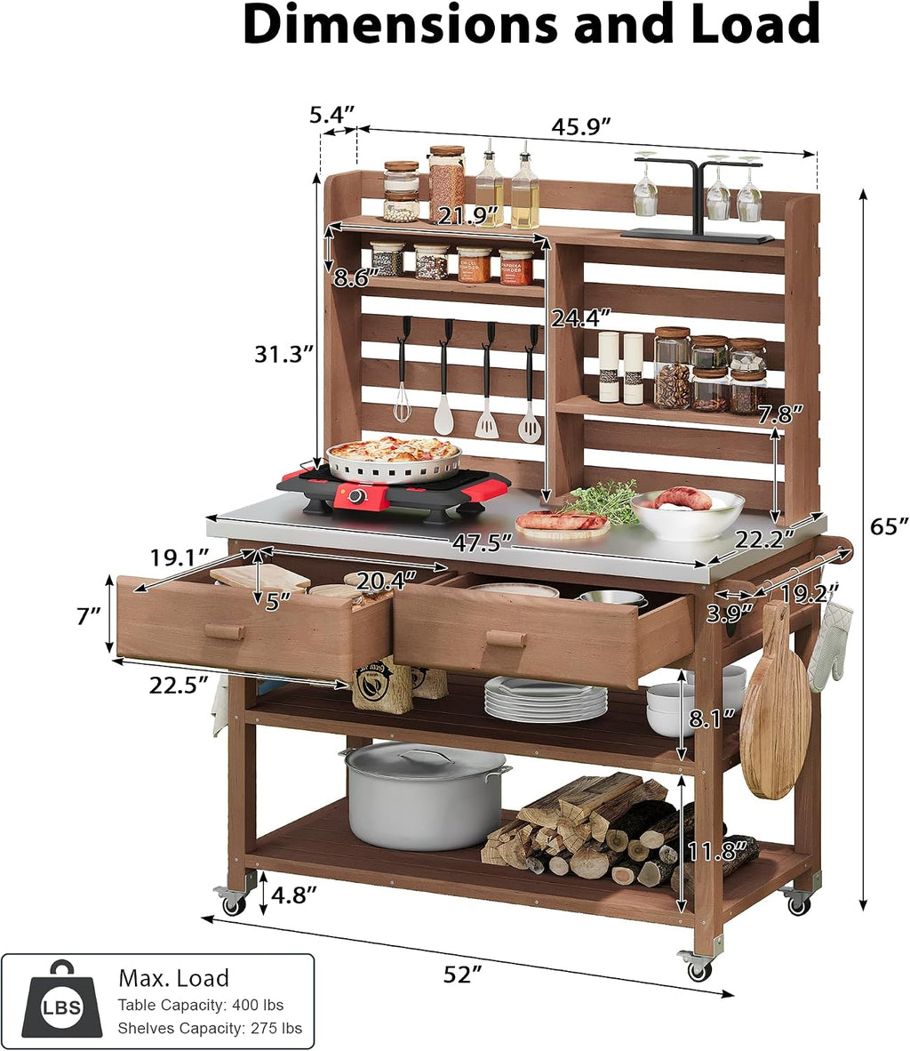 64.9' H Outdoor Potting Bench Table with Lockable Wheels, Solid Wood Outdoor Kitchen Island with Upper Hutch, Stainless Steel Top,Outdoor Storage for Grilling, Lawn Garden (Brown/F, 64.9')