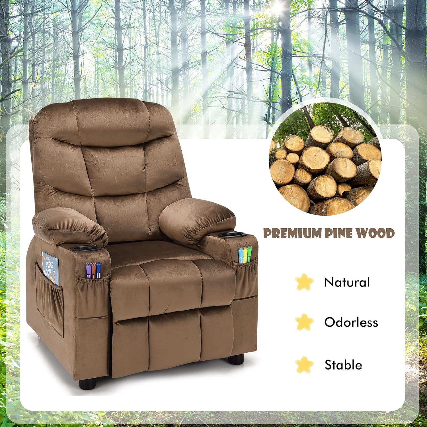 MAT EXPERT Kids Recliner, Velvet Adjustable Reading Chair w/ 2 Cup Holder, 3 Side Pocket Storage & Footrest, Kids Couch Gaming Chair, Toddler Lounge Chair for Boys Girls, Kids Room Playroom (Coffee)