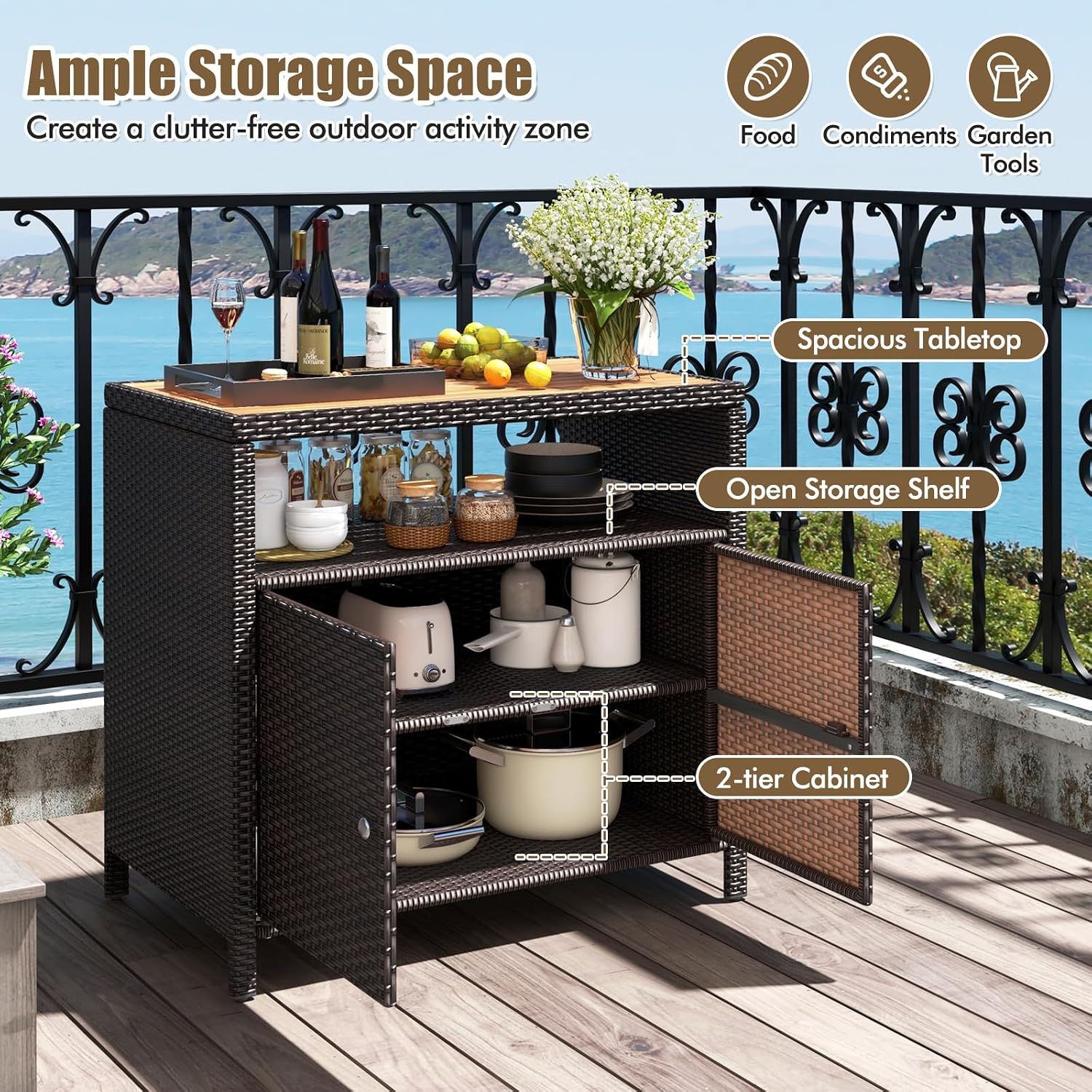 HAPPYGRILL Rattan Storage Cabinet, Patio Sideboard Buffet Cabinet with Acacia Wood Countertop, Open Shelf & 2 Door Cabinet, Wicker Storage Organizer for Garden Tools (Mixed Brown)